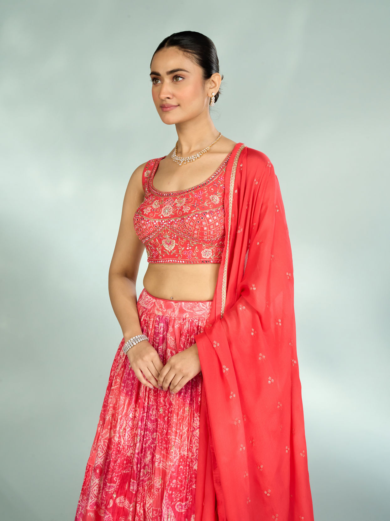 Mohey Women Graceful Gajree Pink Chiffon Lehenga