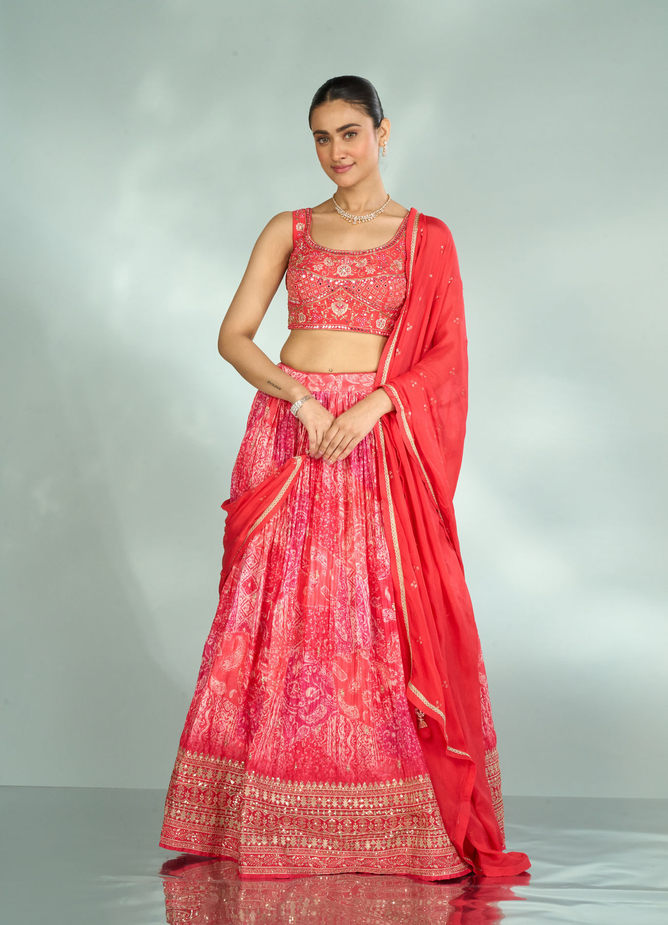 Mohey Women Graceful Gajree Pink Chiffon Lehenga