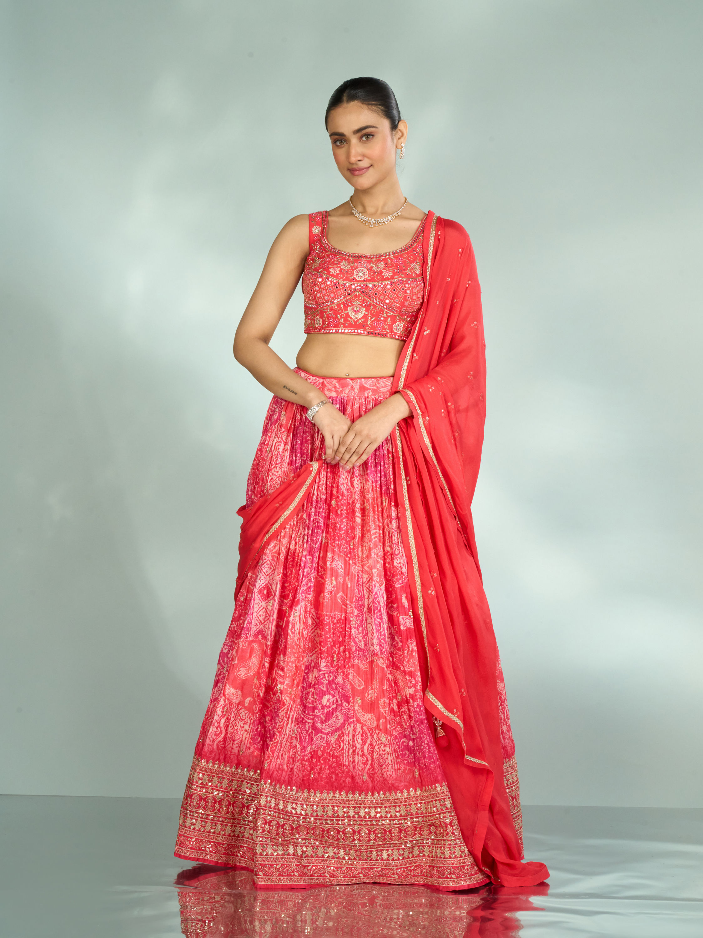 Mohey Women Graceful Gajree Pink Chiffon Lehenga