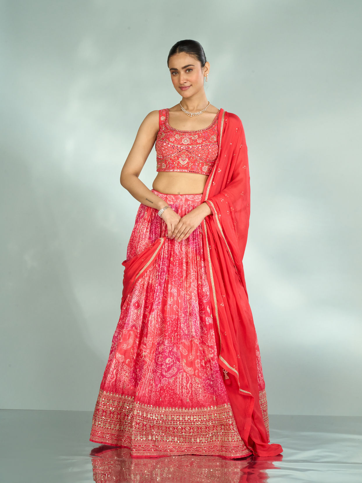 Mohey Women Graceful Gajree Pink Chiffon Lehenga