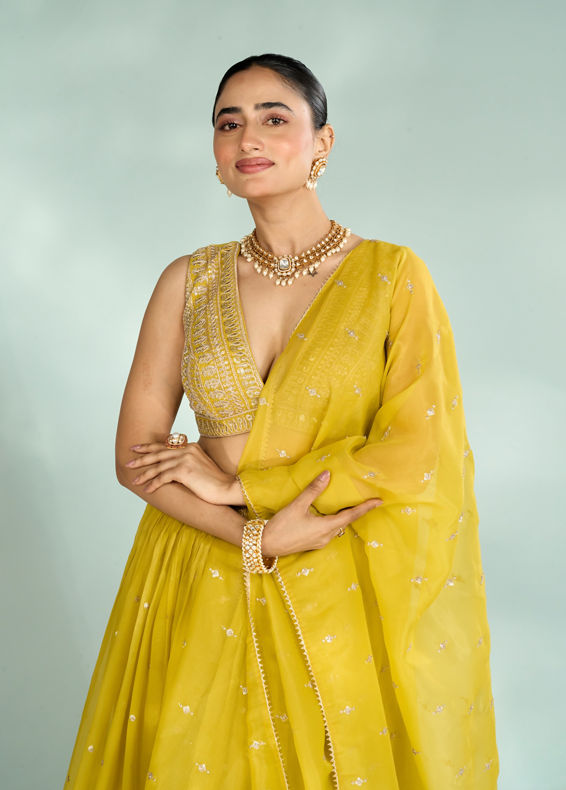 Mohey Women Emerald Organza Lehenga