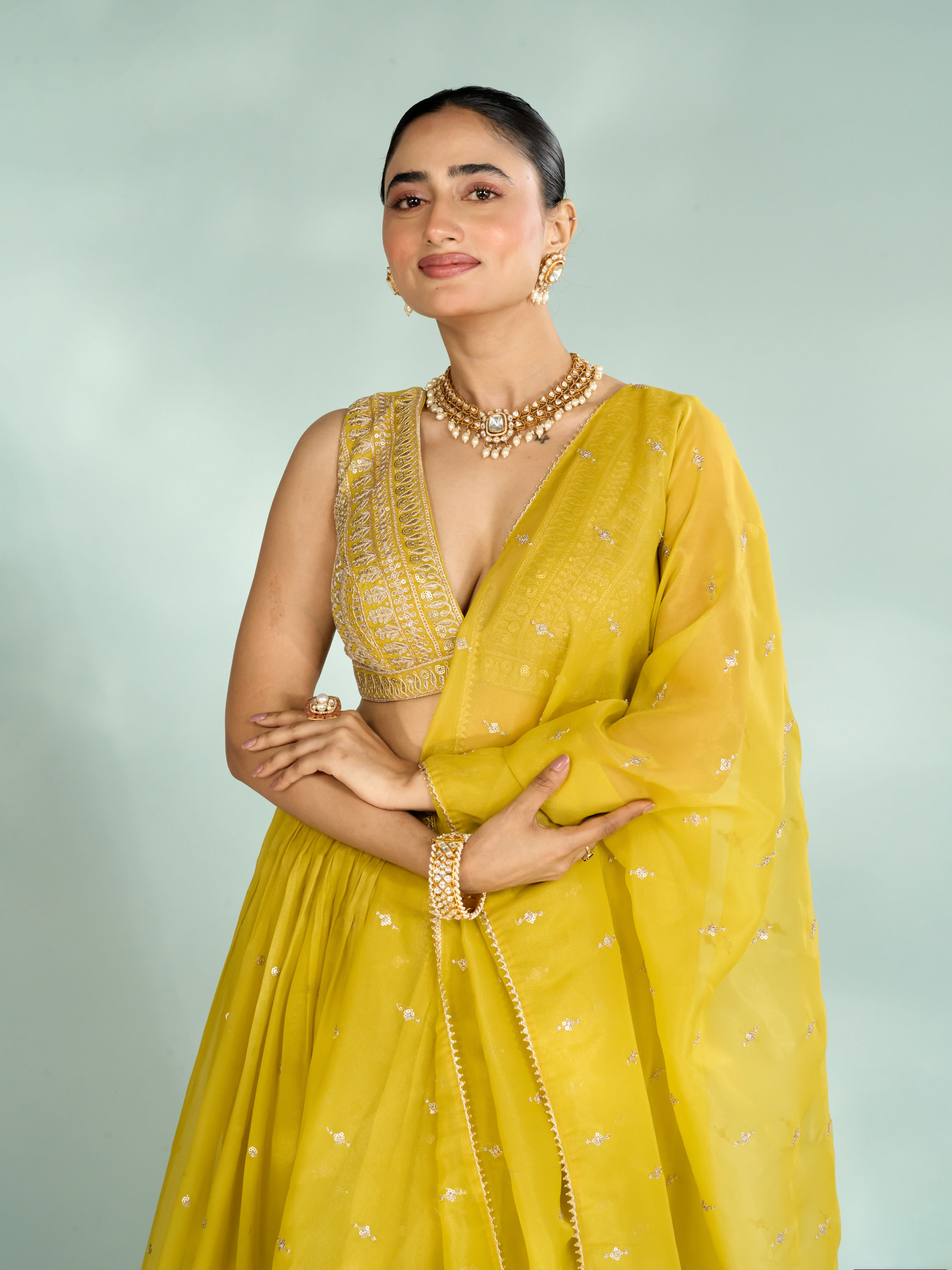 Mohey Women Emerald Organza Lehenga