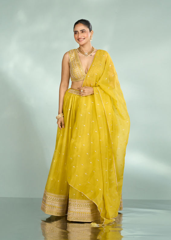 Mohey Women Emerald Organza Lehenga