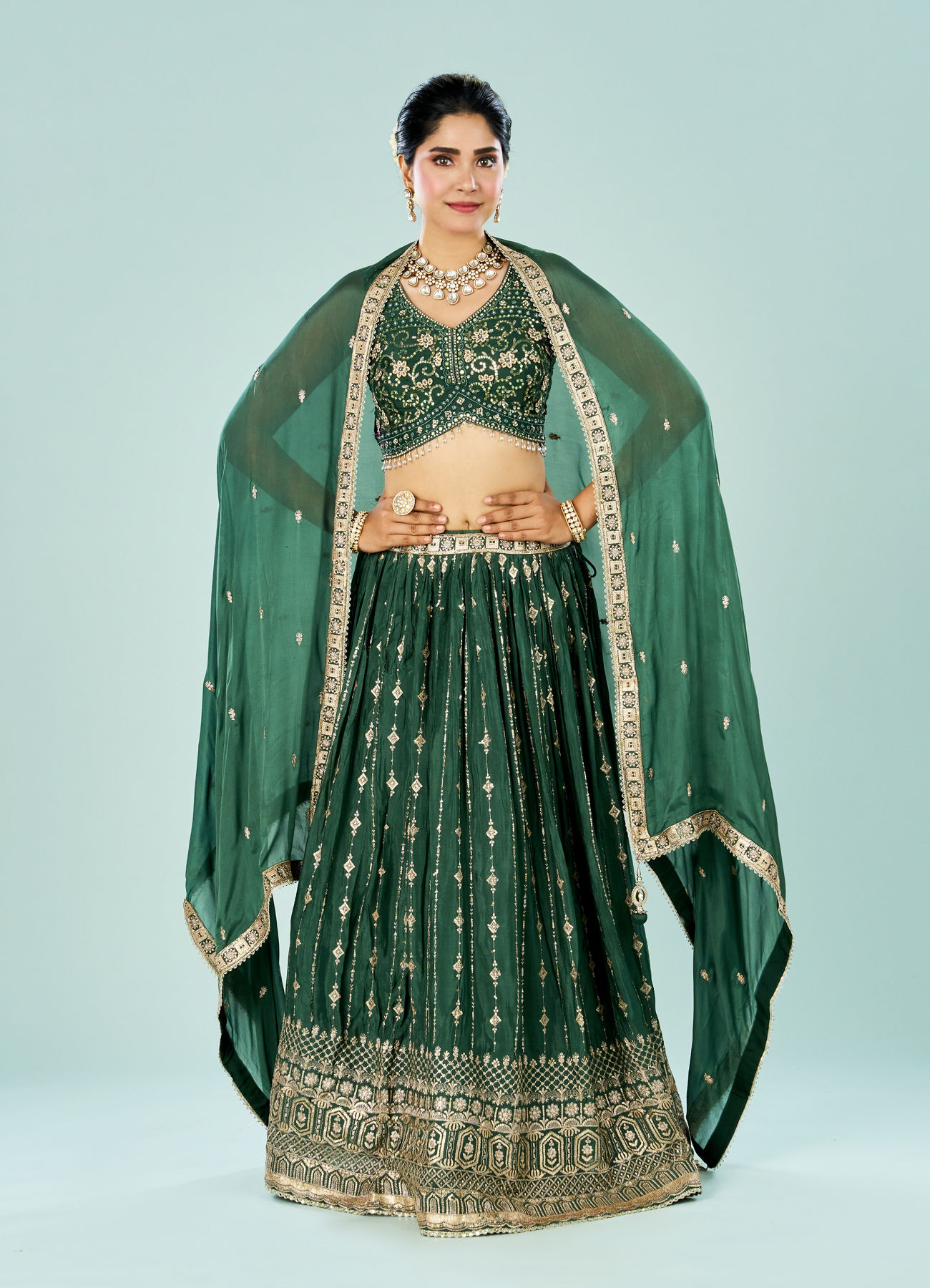 Mohey Women Emerald Elegance Lehenga
