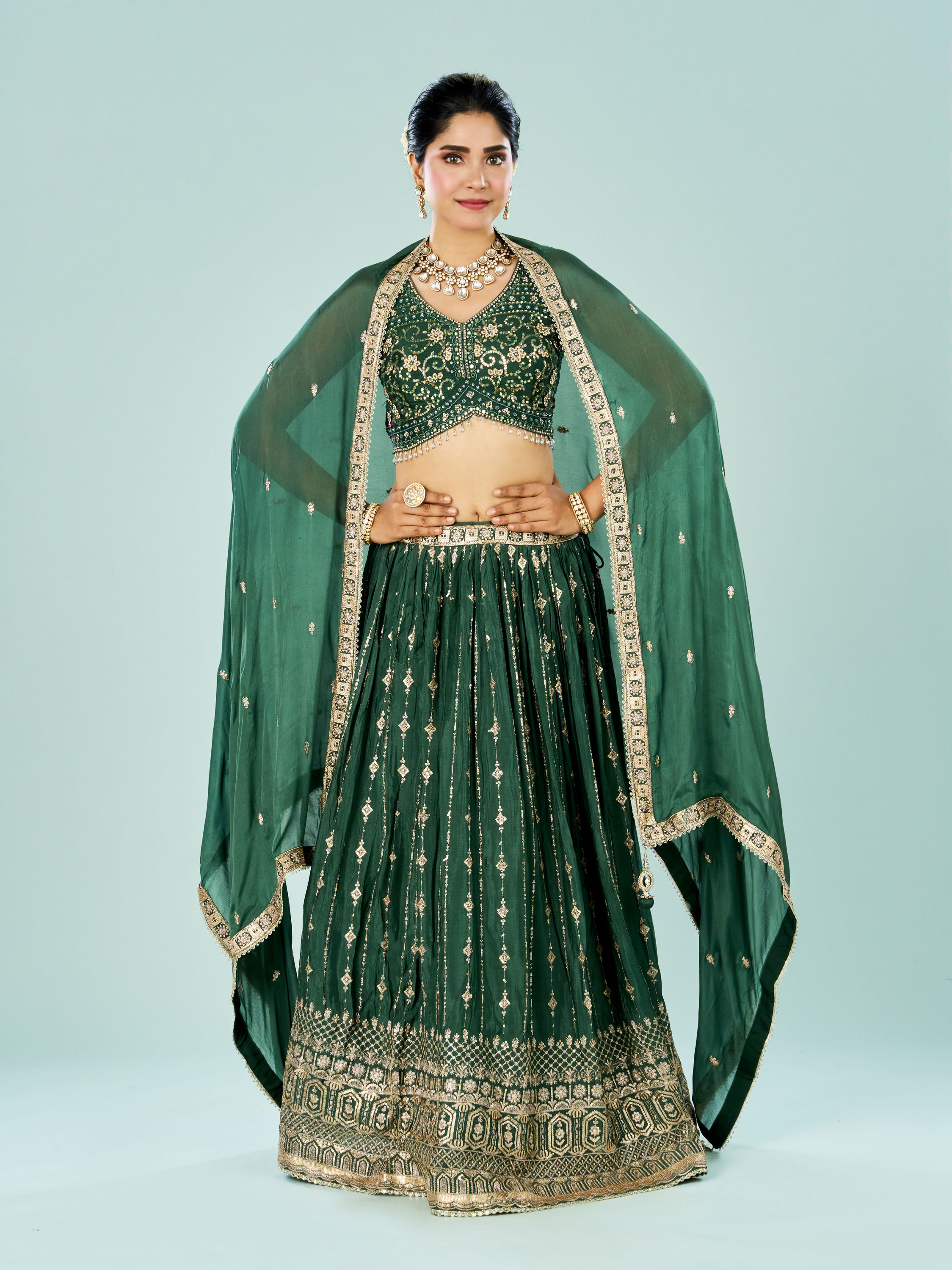 Mohey Women Emerald Elegance Lehenga