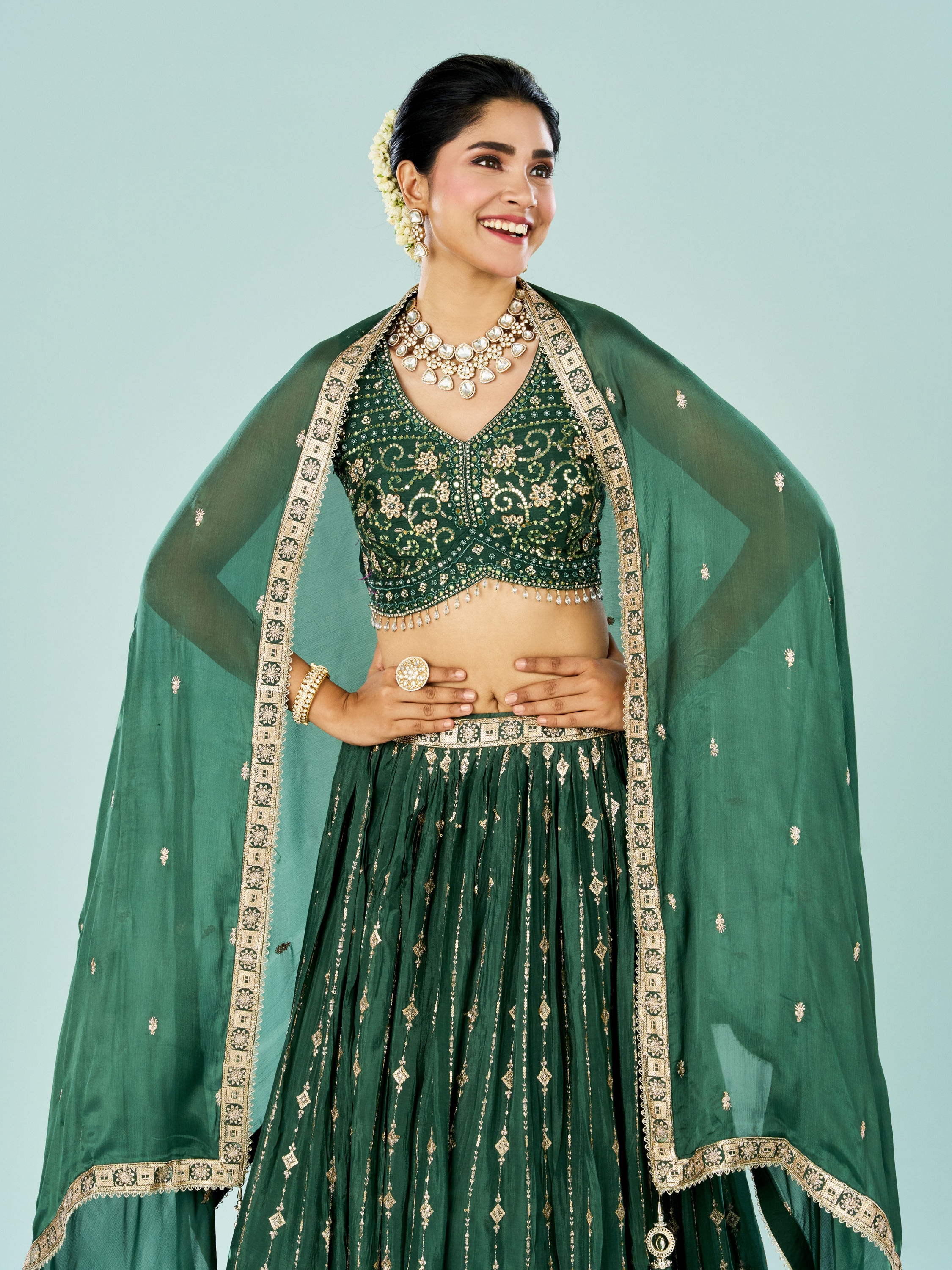 Mohey Women Emerald Elegance Lehenga
