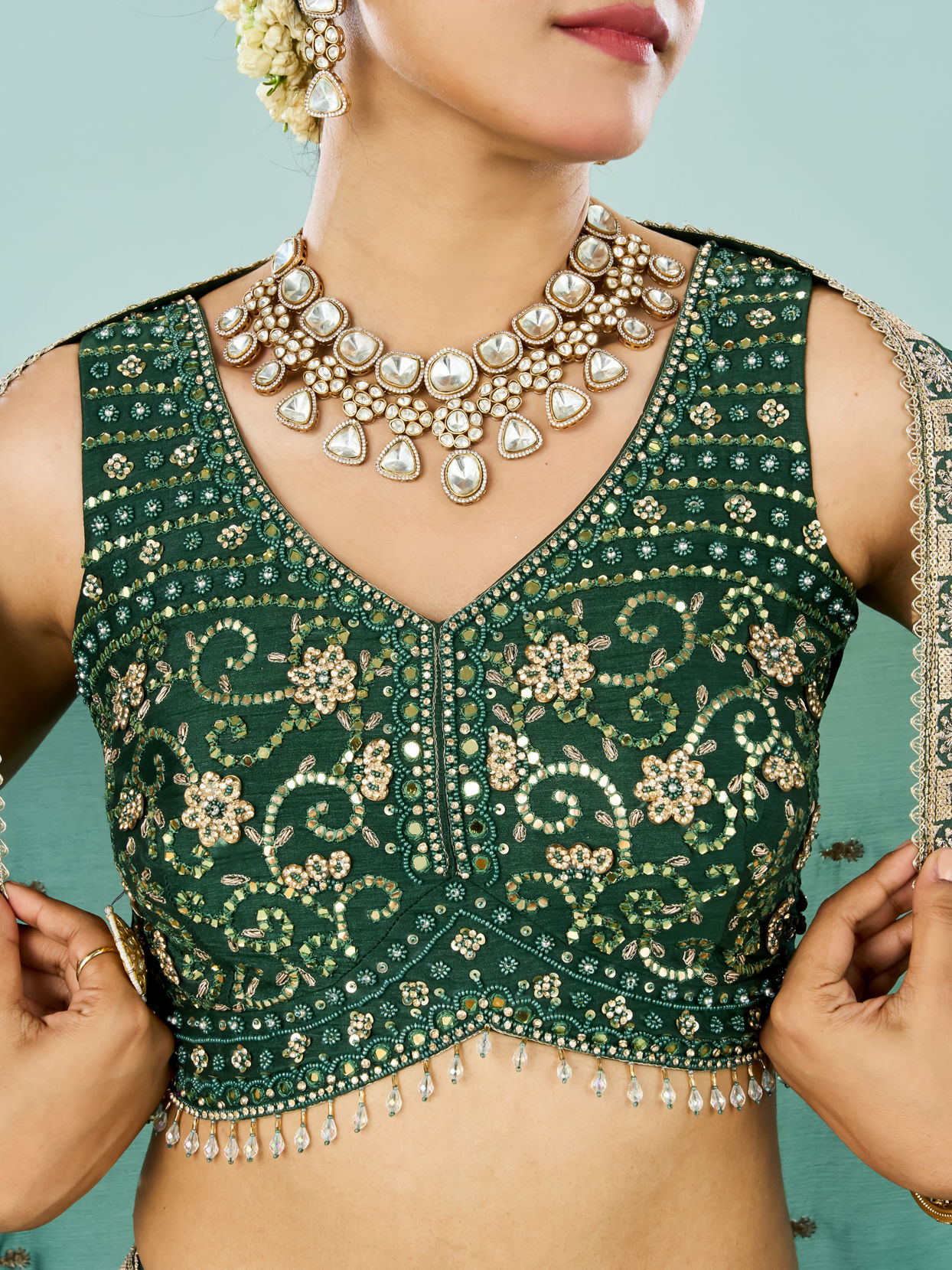 Mohey Women Emerald Elegance Lehenga