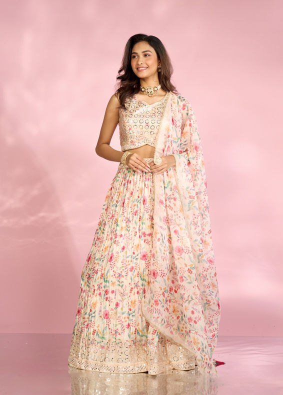 Mohey Women Regal Cream Chinon Lehenga