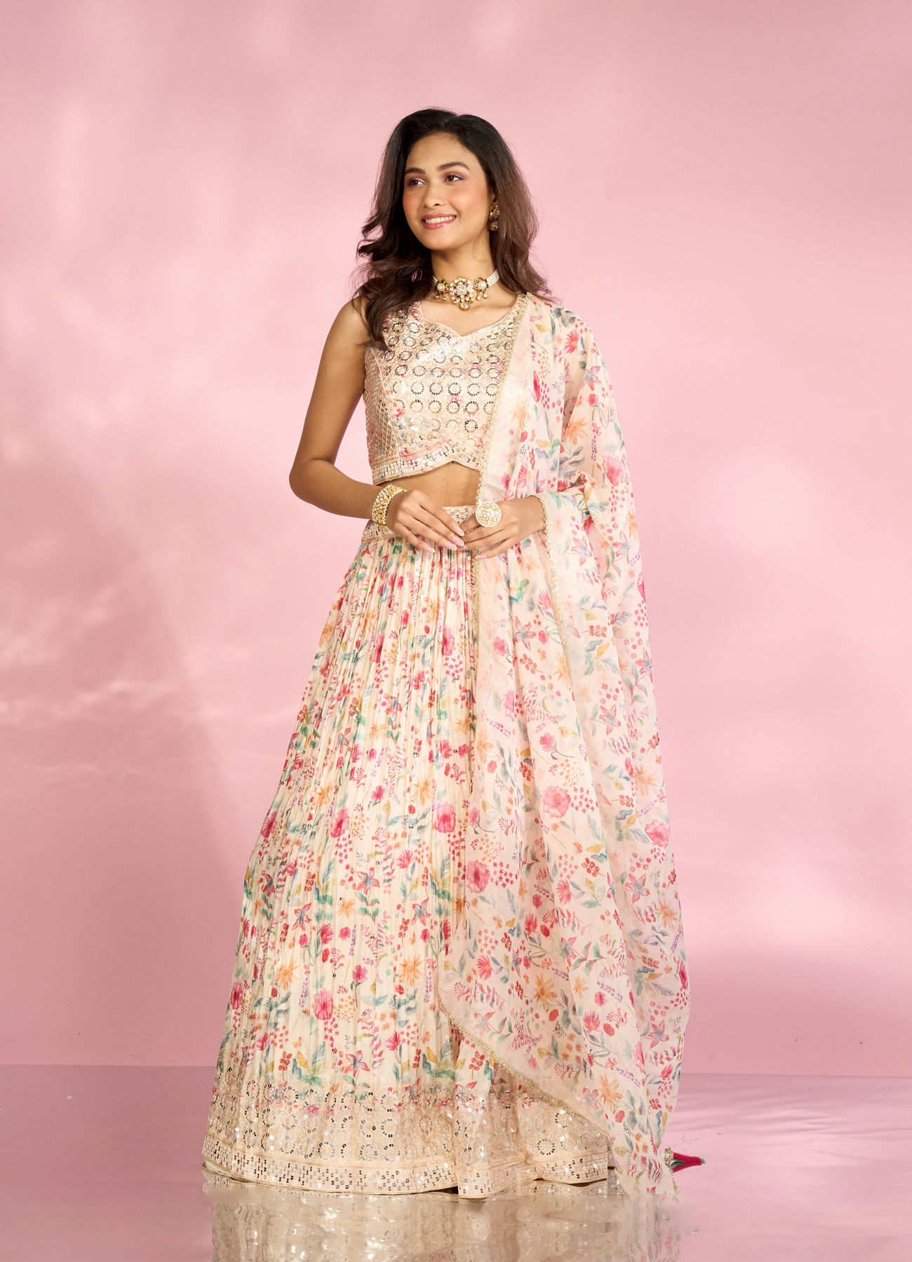 Mohey Women Regal Cream Chinon Lehenga