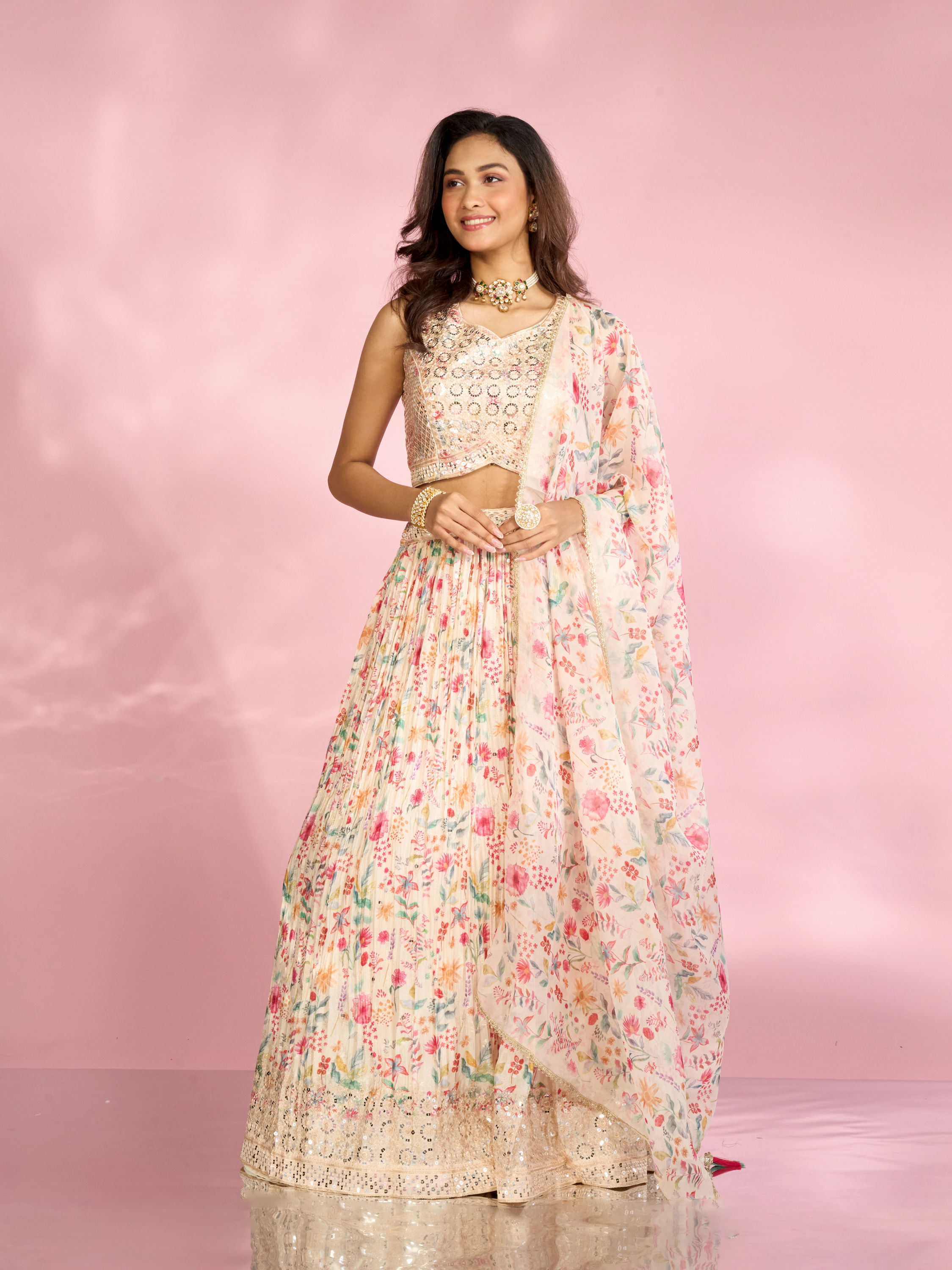 Mohey Women Regal Cream Chinon Lehenga