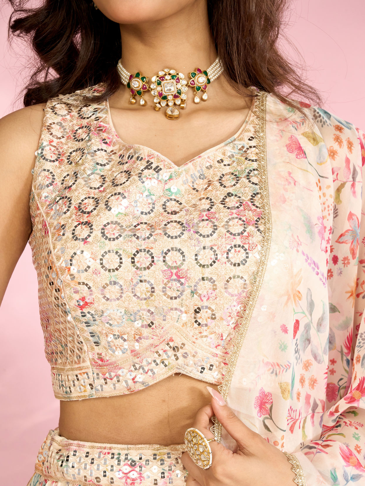 Mohey Women Regal Cream Chinon Lehenga