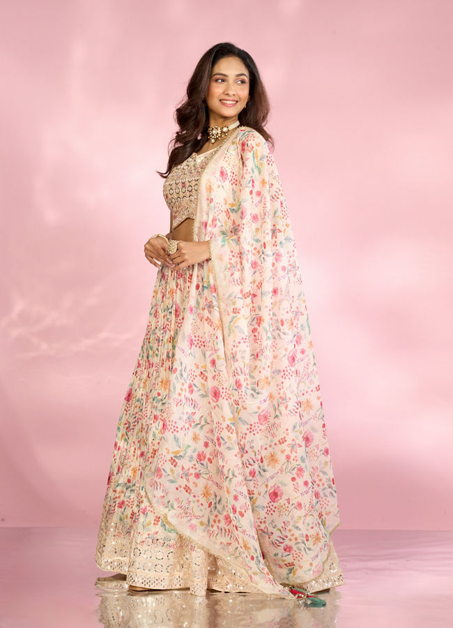 Mohey Women Regal Cream Chinon Lehenga