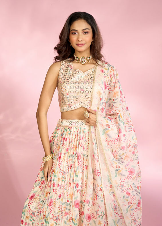 Mohey Women Regal Cream Chinon Lehenga
