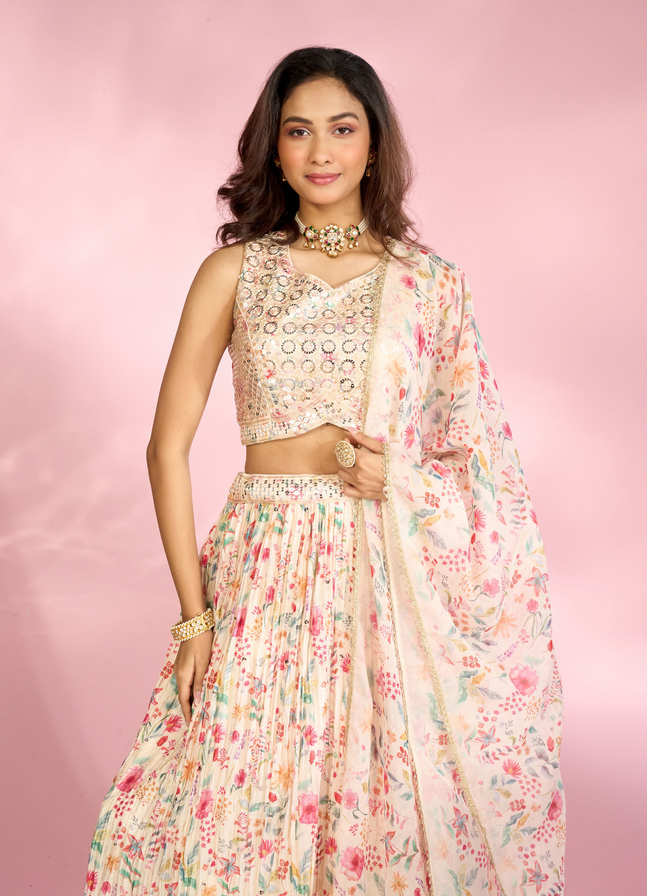 Mohey Women Regal Cream Chinon Lehenga