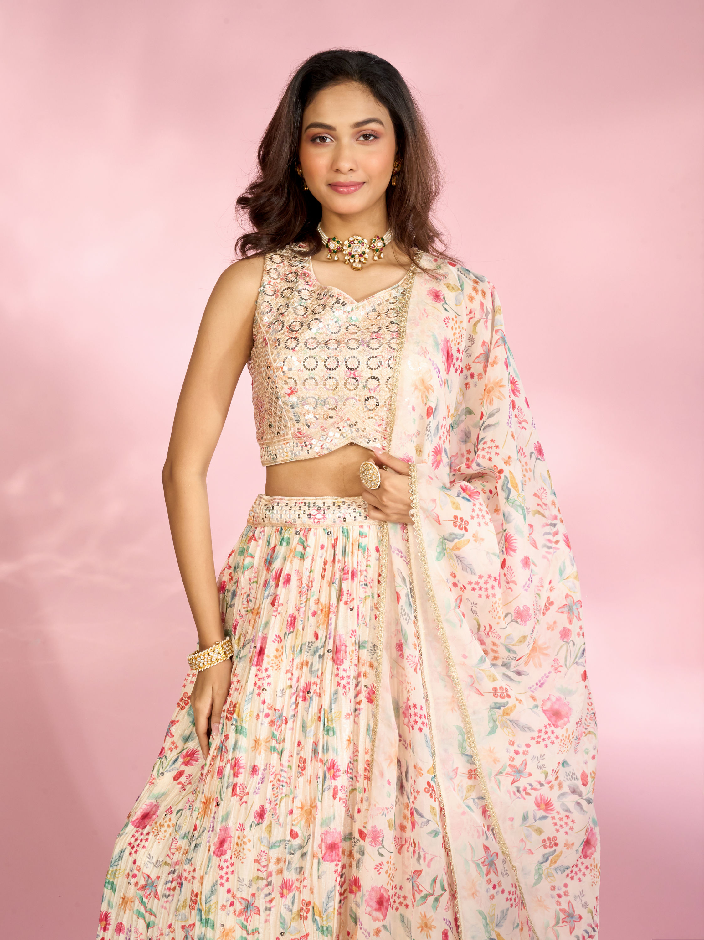 Mohey Women Regal Cream Chinon Lehenga