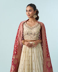 Mohey Women Cream White Buta Patterned Crop Top Lehenga
