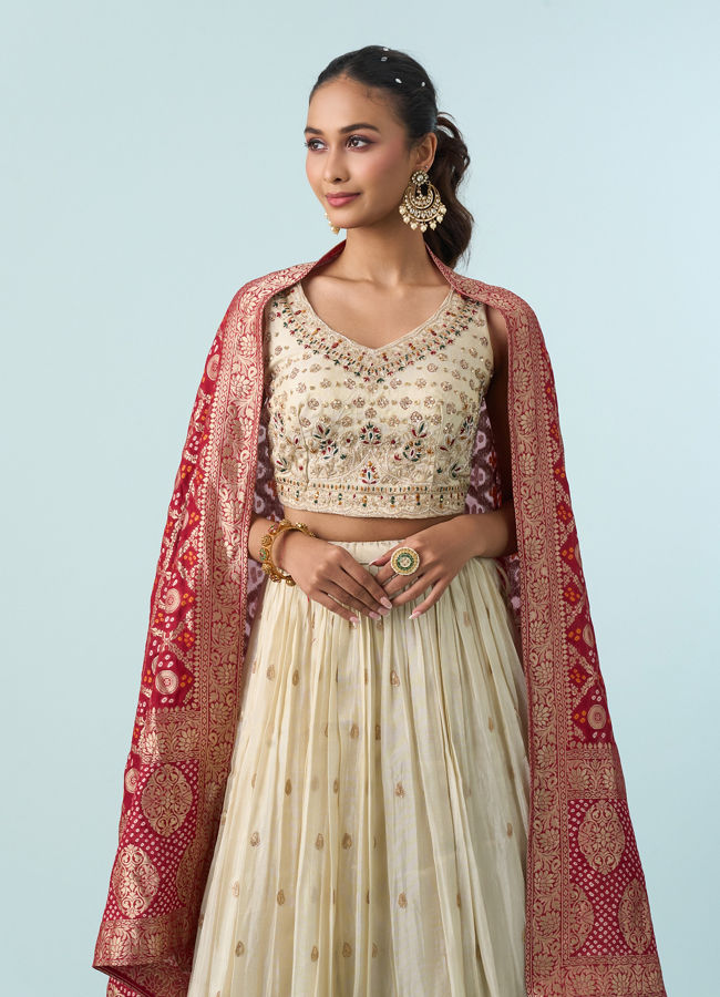 Mohey Women Cream White Buta Patterned Crop Top Lehenga