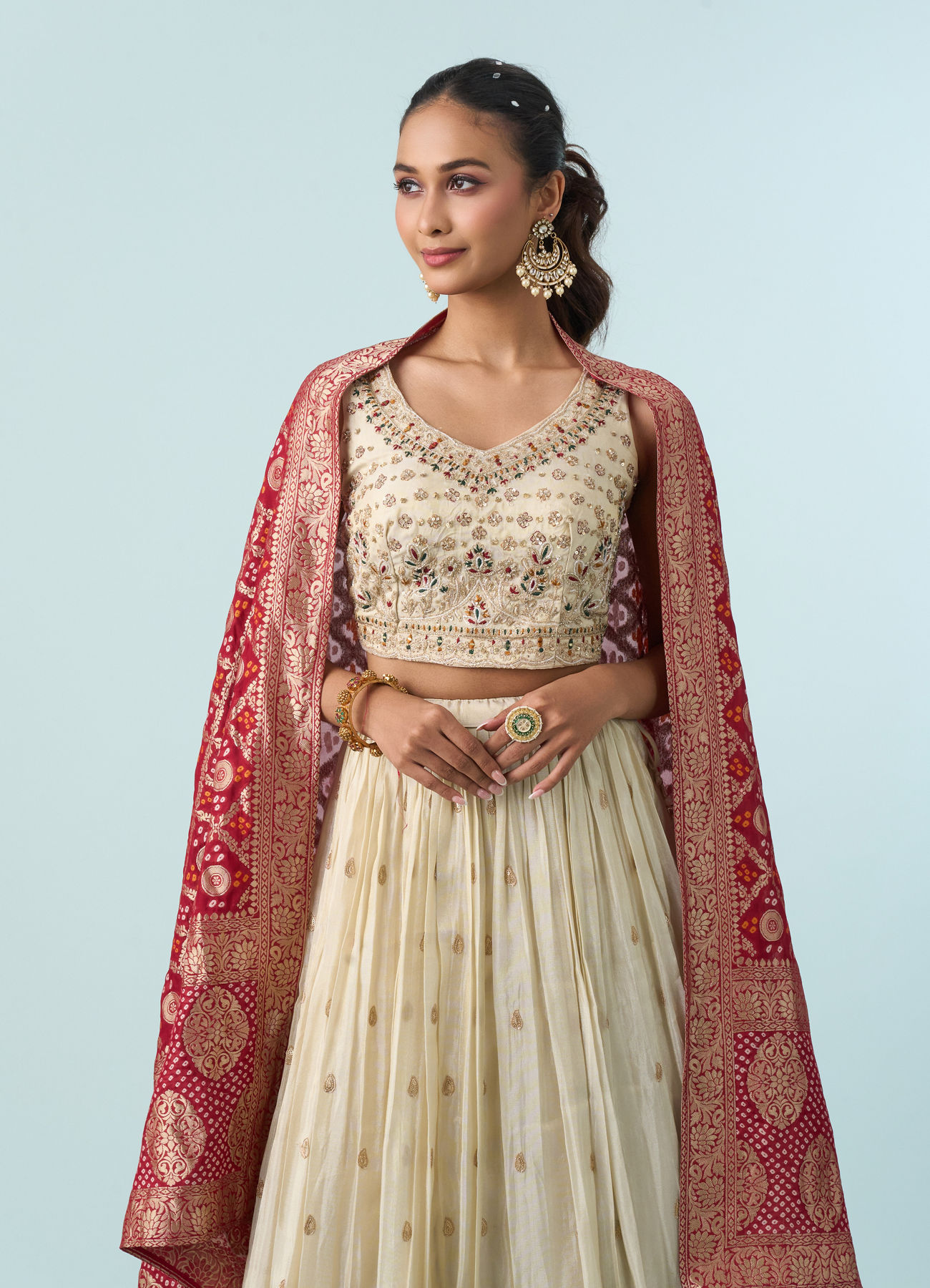 Mohey Women Cream White Buta Patterned Crop Top Lehenga