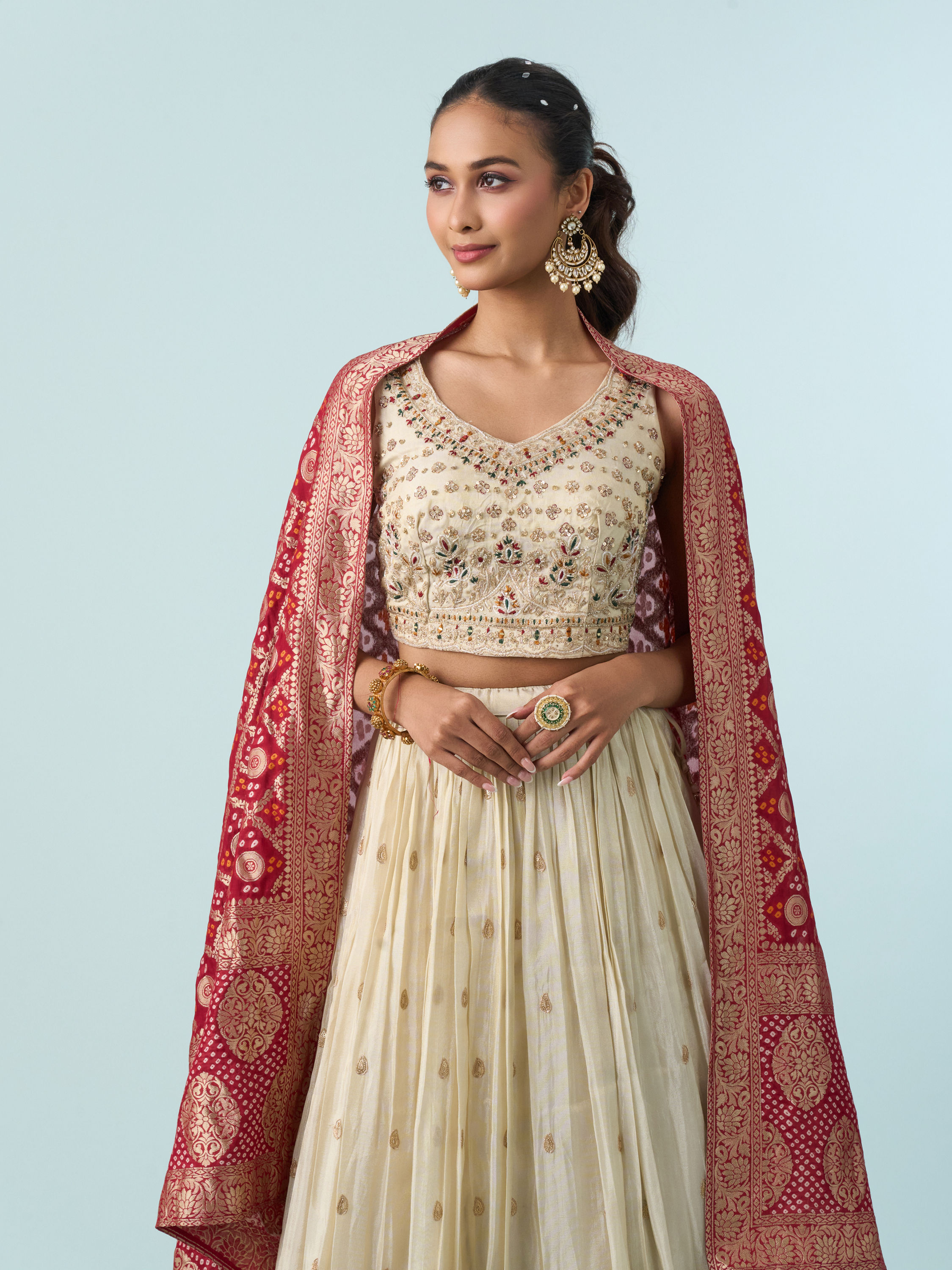 Mohey Women Cream White Buta Patterned Crop Top Lehenga