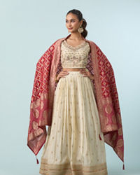 Mohey Women Cream White Buta Patterned Crop Top Lehenga