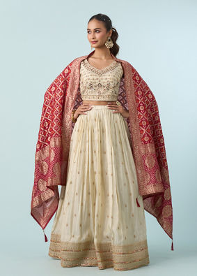 Mohey Women Cream White Buta Patterned Crop Top Lehenga