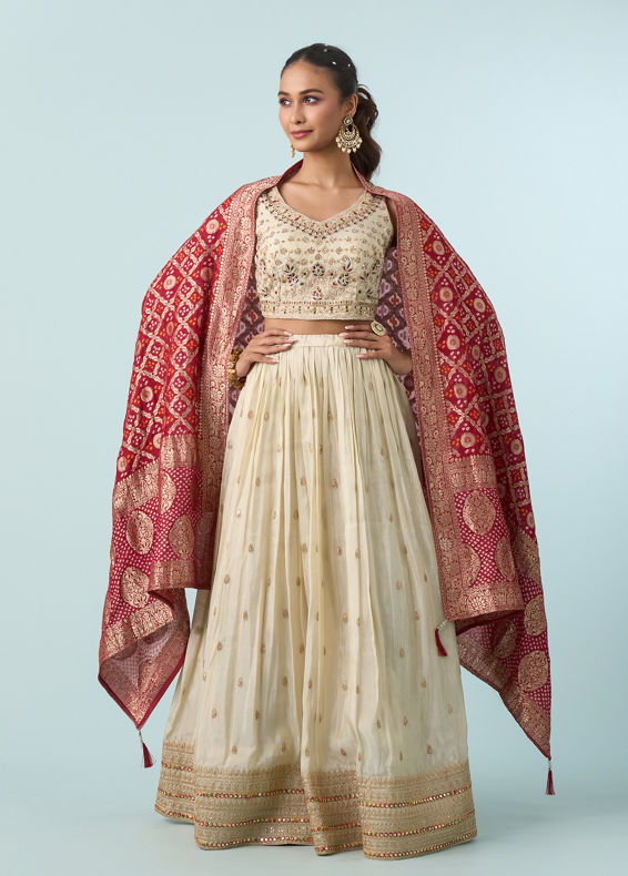 Mohey Women Cream White Buta Patterned Crop Top Lehenga