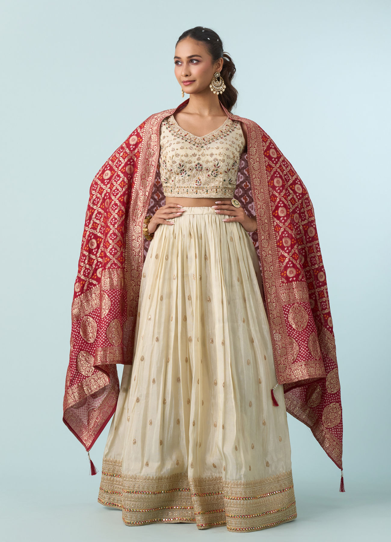 Mohey Women Cream White Buta Patterned Crop Top Lehenga