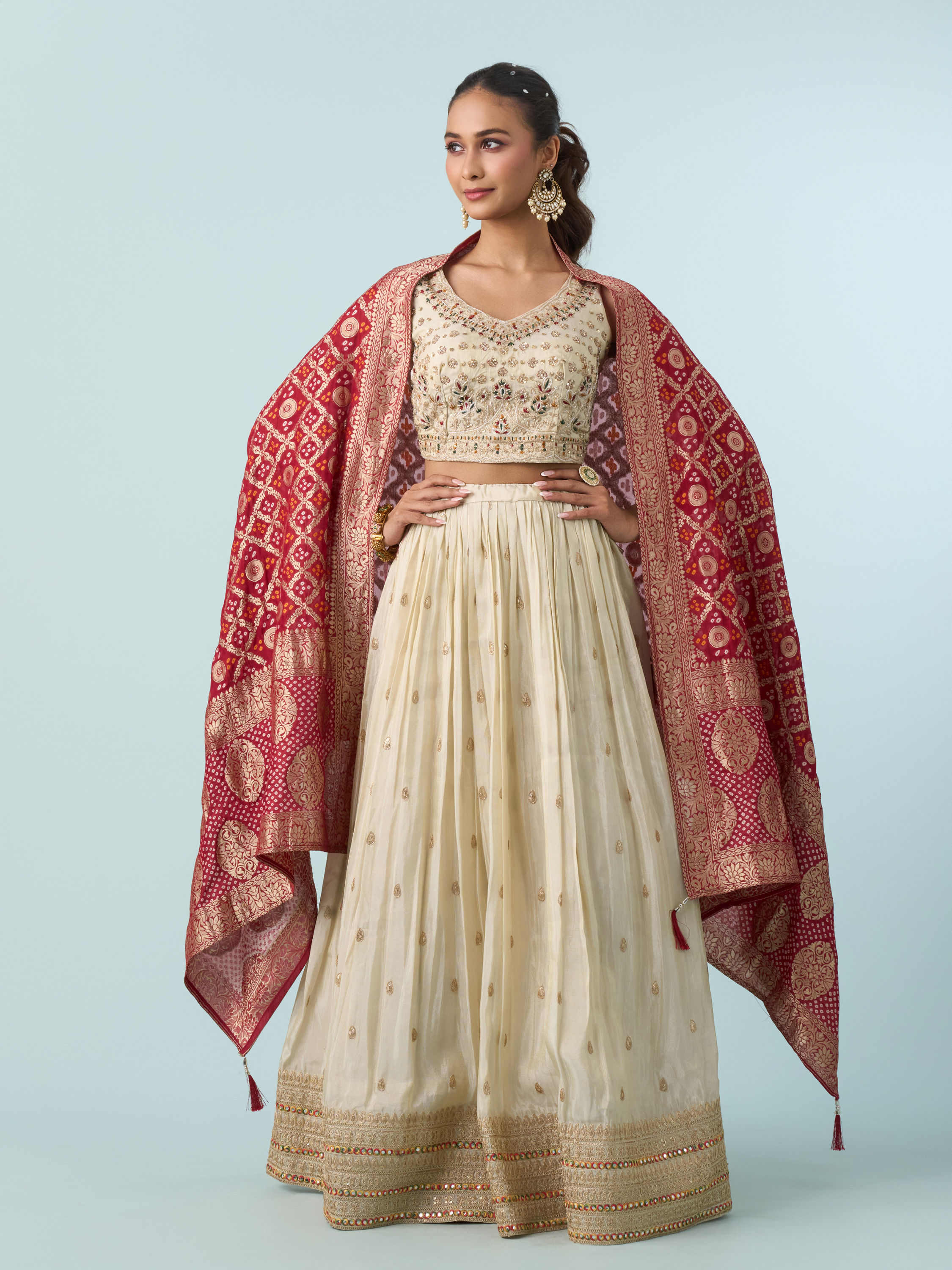 Mohey Women Cream White Buta Patterned Crop Top Lehenga