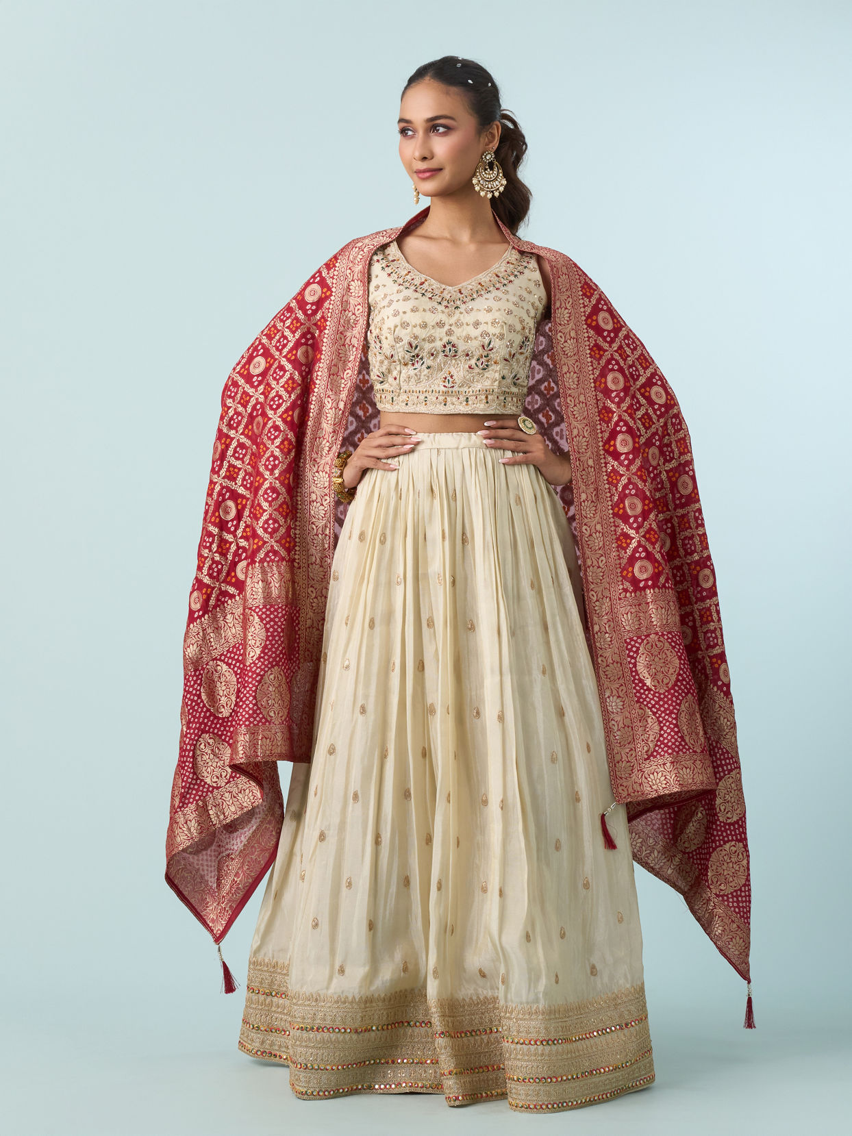 Mohey Women Cream White Buta Patterned Crop Top Lehenga