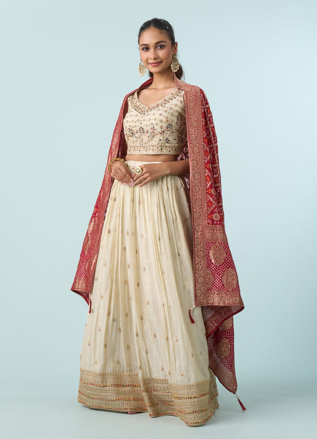 Mohey Women Cream White Buta Patterned Crop Top Lehenga