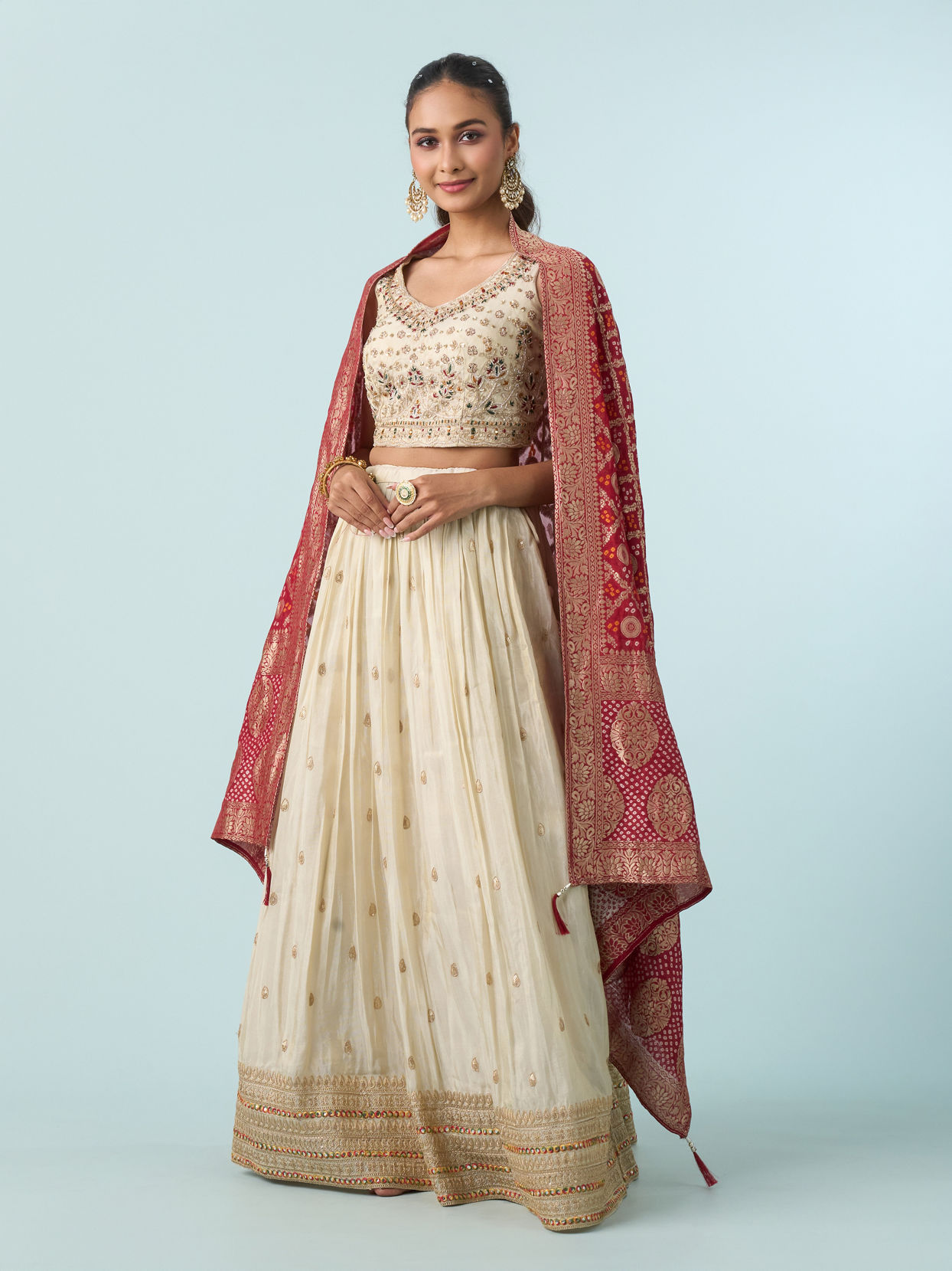 Mohey Women Cream White Buta Patterned Crop Top Lehenga