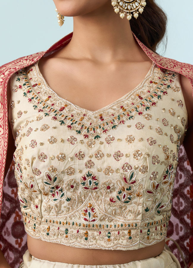 Mohey Women Cream White Buta Patterned Crop Top Lehenga