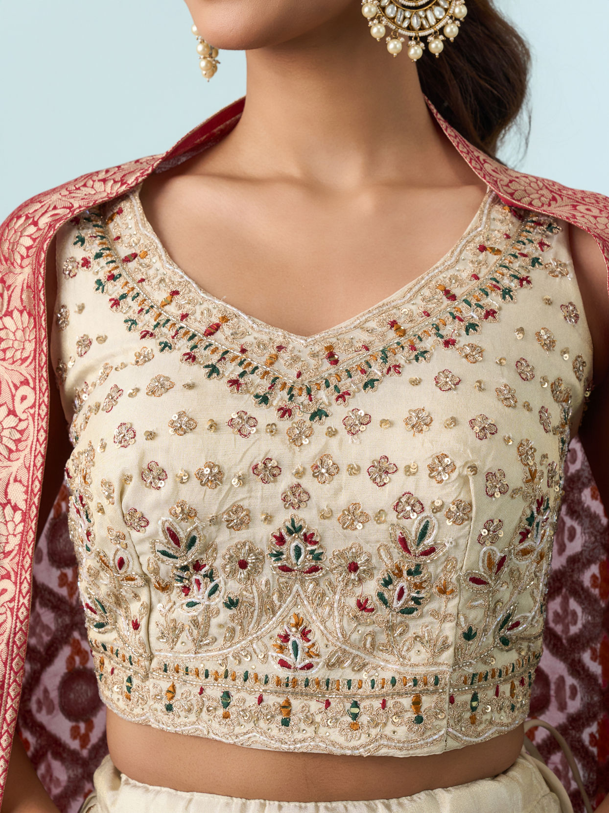 Mohey Women Cream White Buta Patterned Crop Top Lehenga