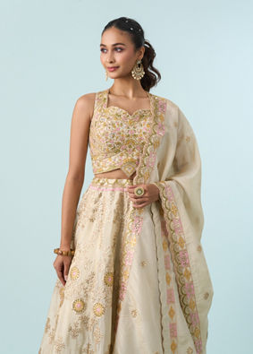 Mohey Women Cream Chinon Lehenga