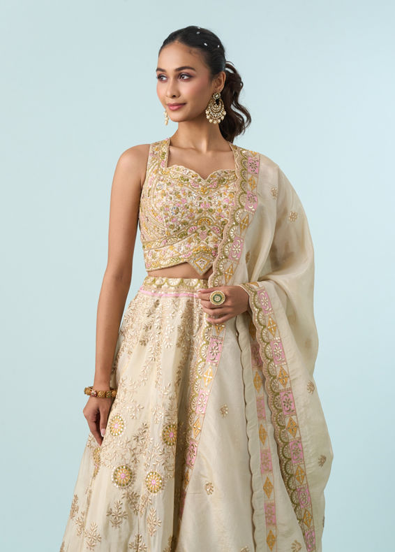 Mohey Women Cream Chinon Lehenga