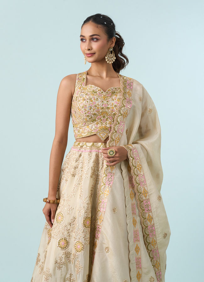 Mohey Women Cream Chinon Lehenga