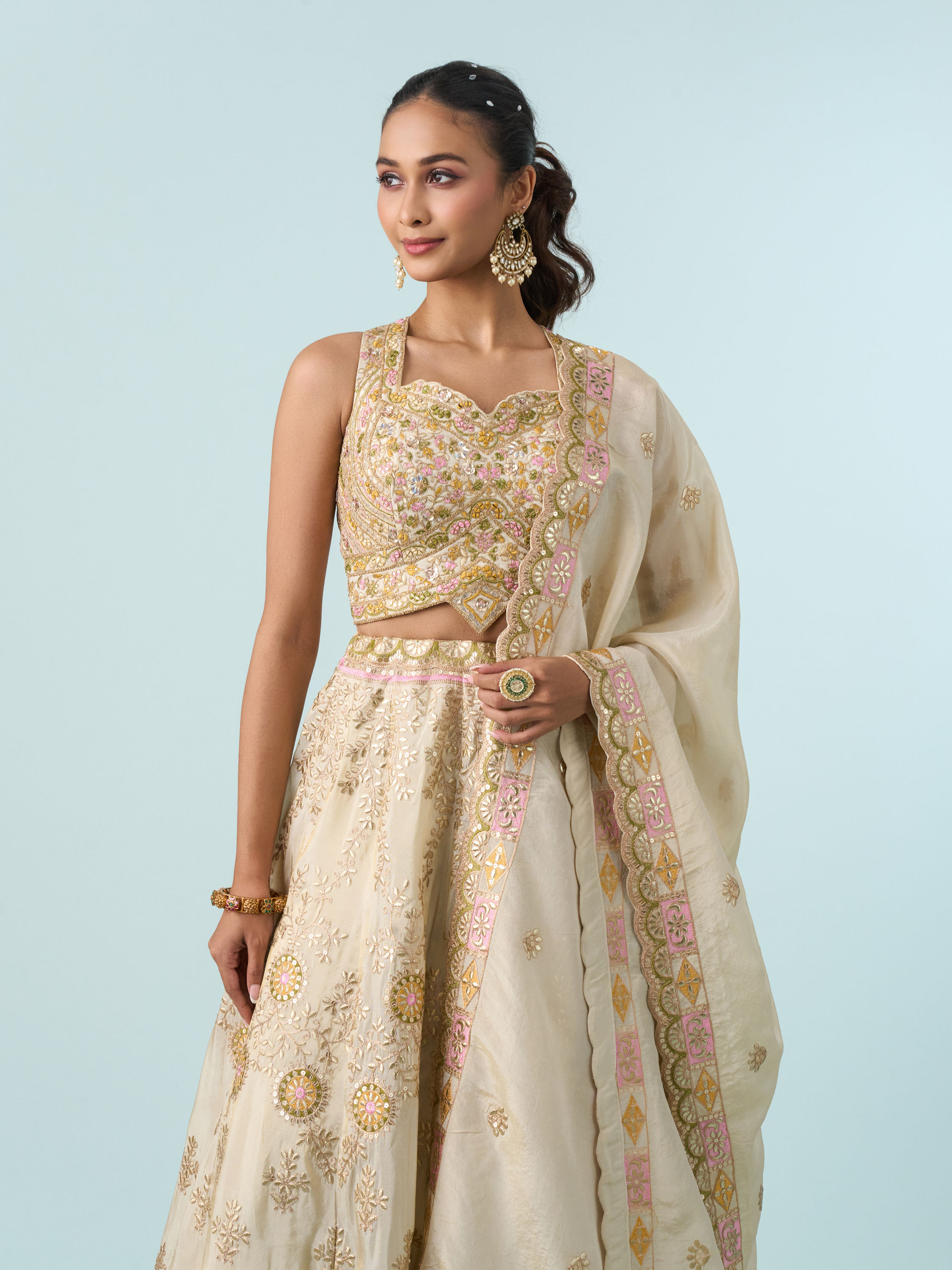 Mohey Women Cream Chinon Lehenga