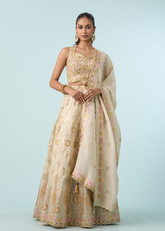 Mohey Women Cream Chinon Lehenga