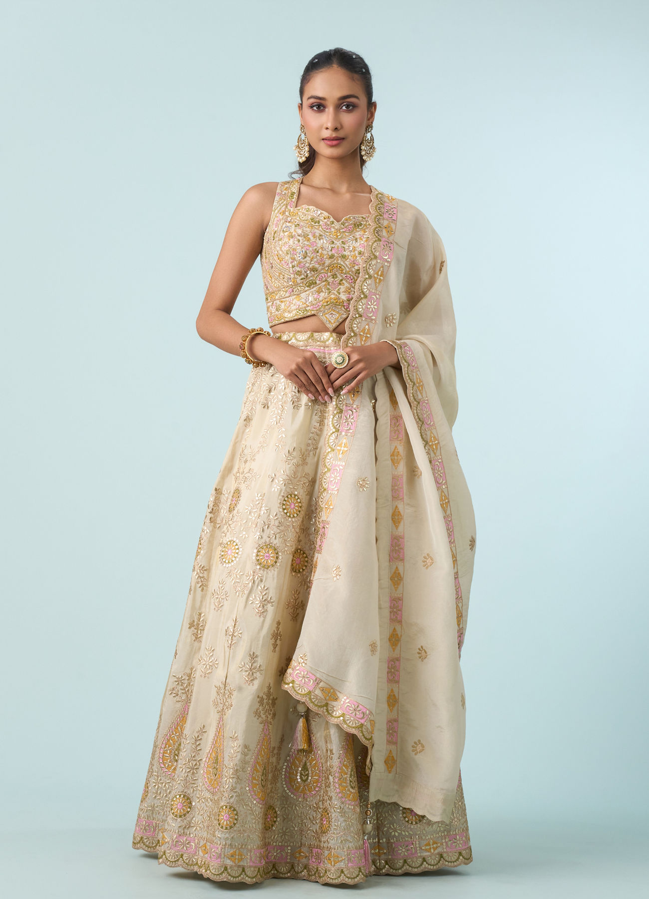 Mohey Women Cream Chinon Lehenga