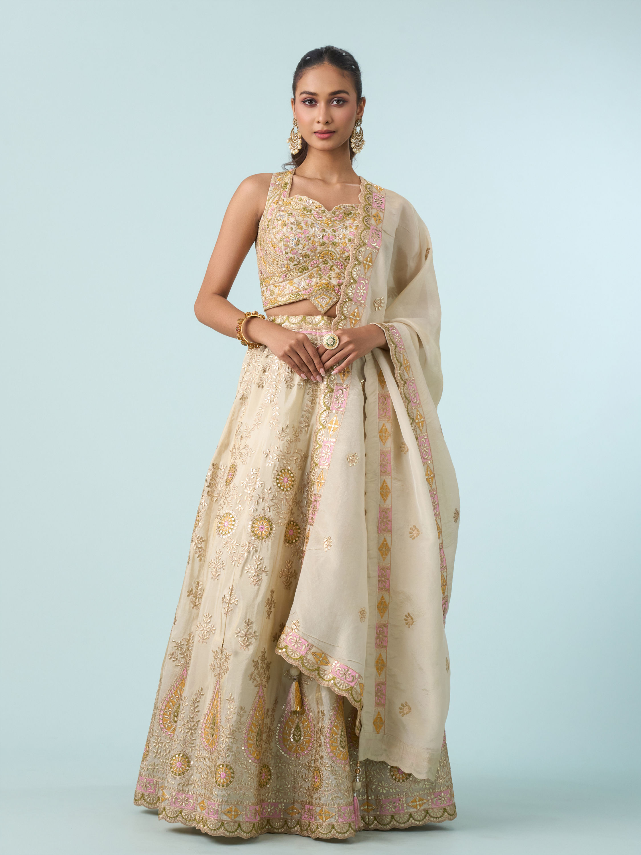 Mohey Women Cream Chinon Lehenga