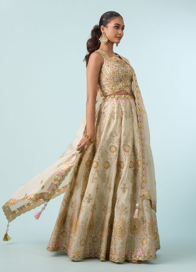 Mohey Women Cream Chinon Lehenga
