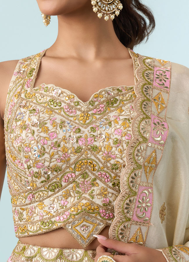 Mohey Women Cream Chinon Lehenga