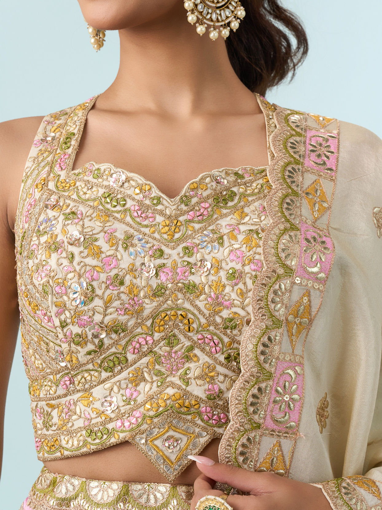 Mohey Women Cream Chinon Lehenga