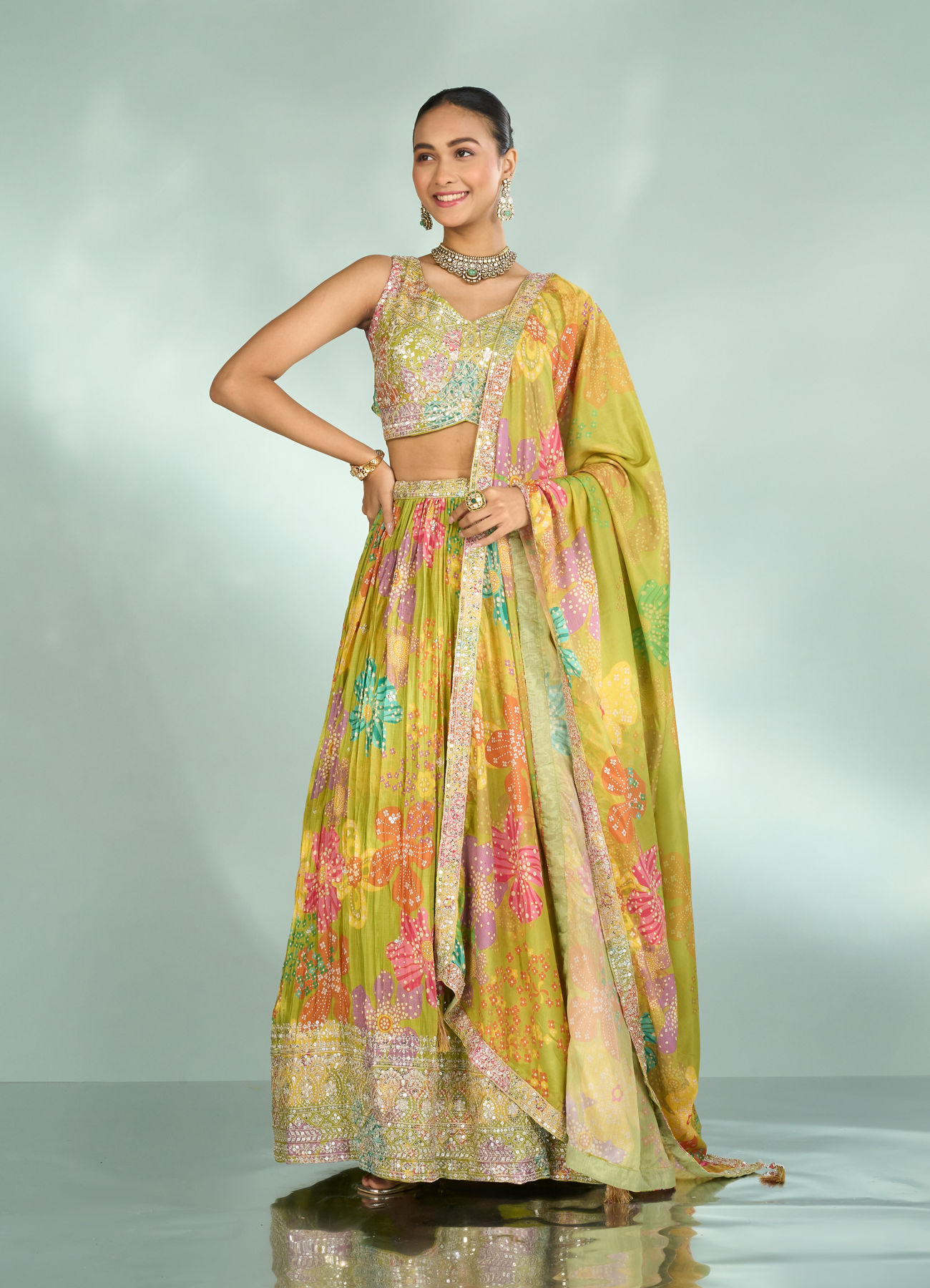 Mohey Women Emerald Elegance Lehenga