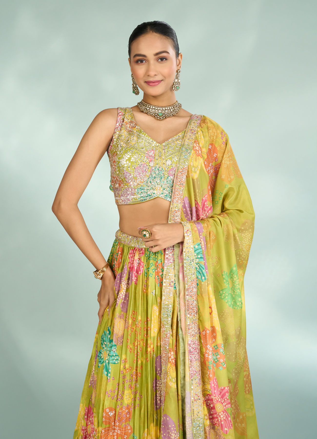 Mohey Women Emerald Elegance Lehenga