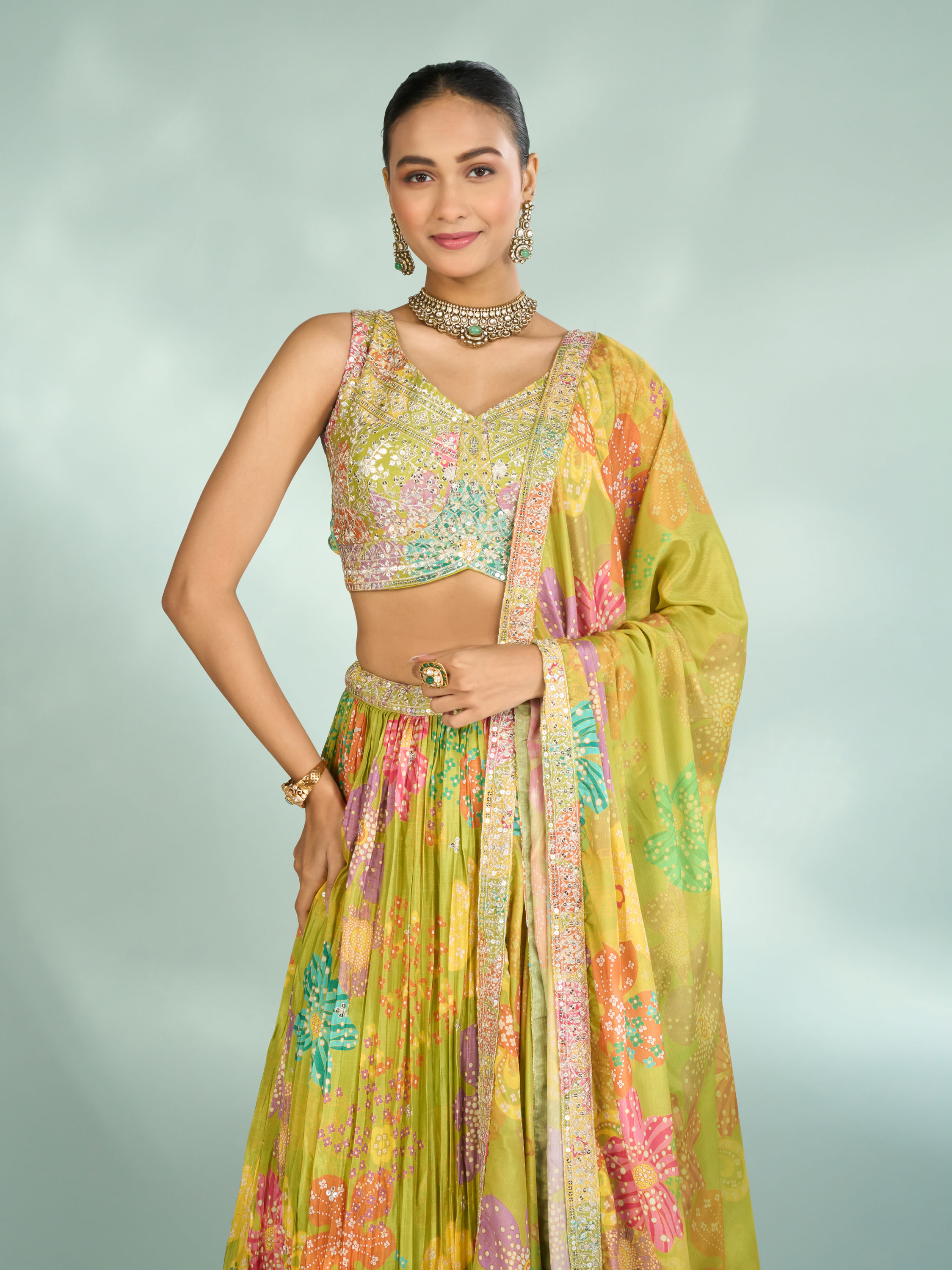 Mohey Women Emerald Elegance Lehenga
