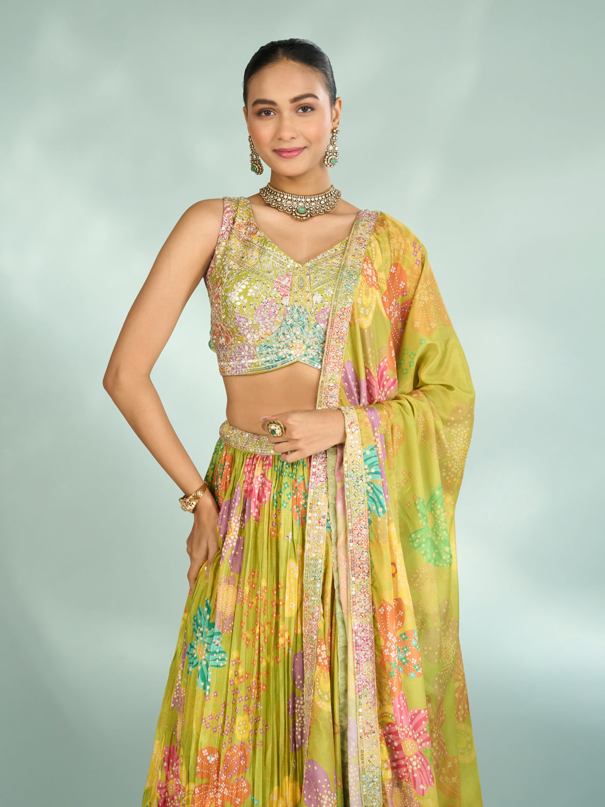 Mohey Women Emerald Elegance Lehenga