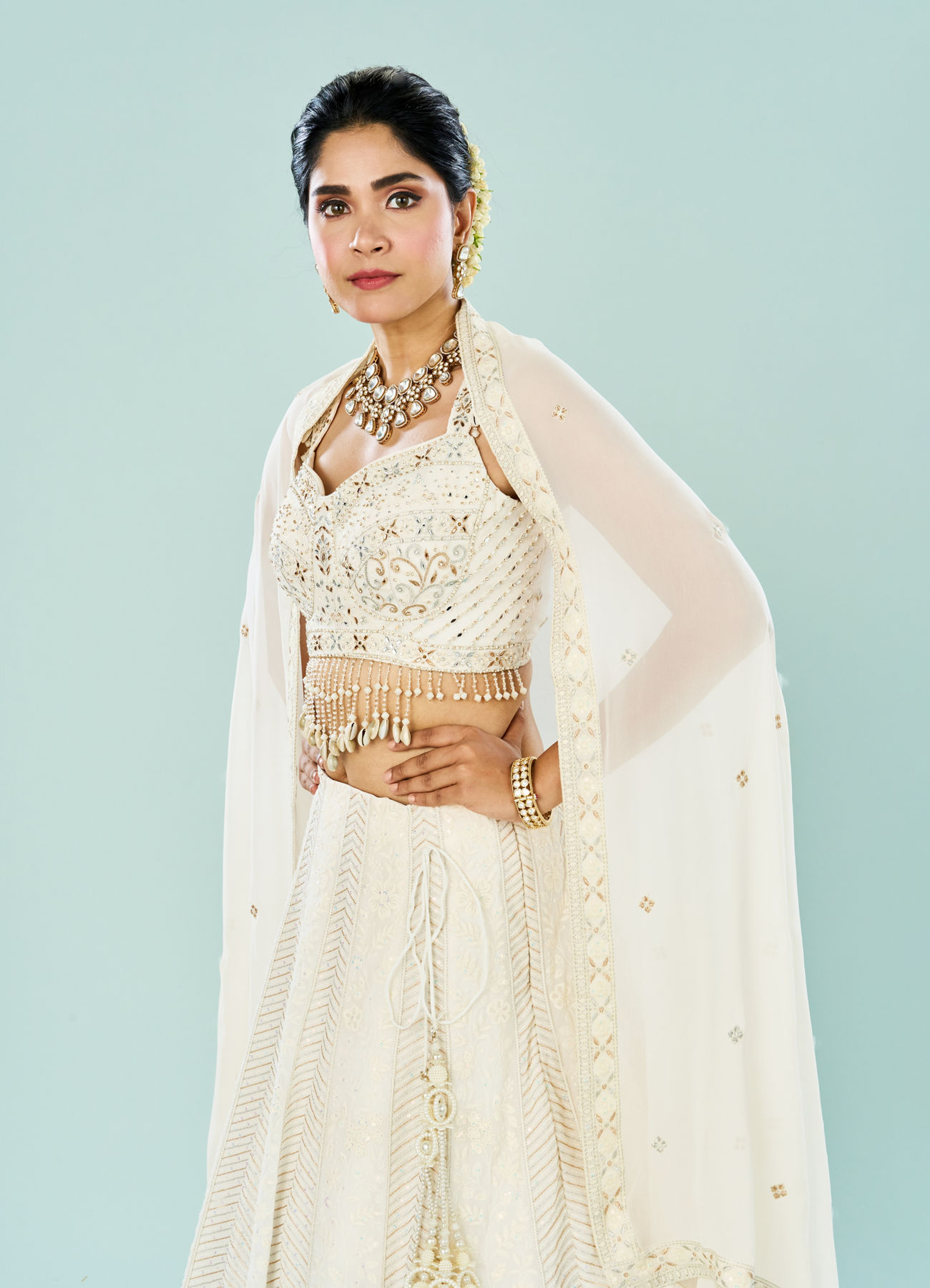 Mohey Women Elegant Cream Georgette Lehenga