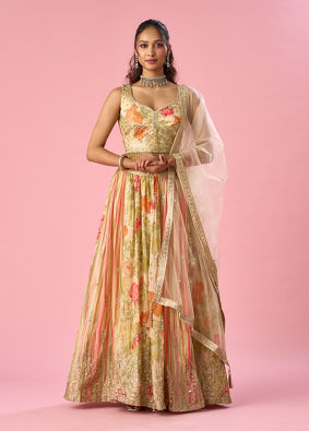 Mohey Women Cream Chinon Lehenga with Moti Work