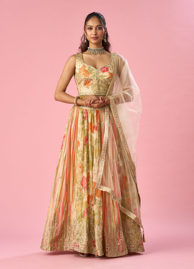 Mohey Women Cream Chinon Lehenga with Moti Work